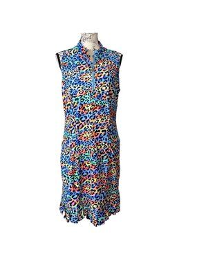 Tzu Tzu Womens Size XL Dress Sleeveless Zip Mock-Neck Rainbow Leopard Pockets